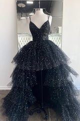 Black A-Line Tulle High Low Prom Dress, V-Neck Evening Party Dress