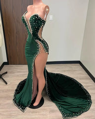 Black Girl Prom Dresses Long Mermaid Green Prom Gown With Train