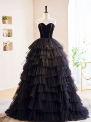 Black Off Shoulder Tulle Long Prom Dress, Black Formal Evening Dress