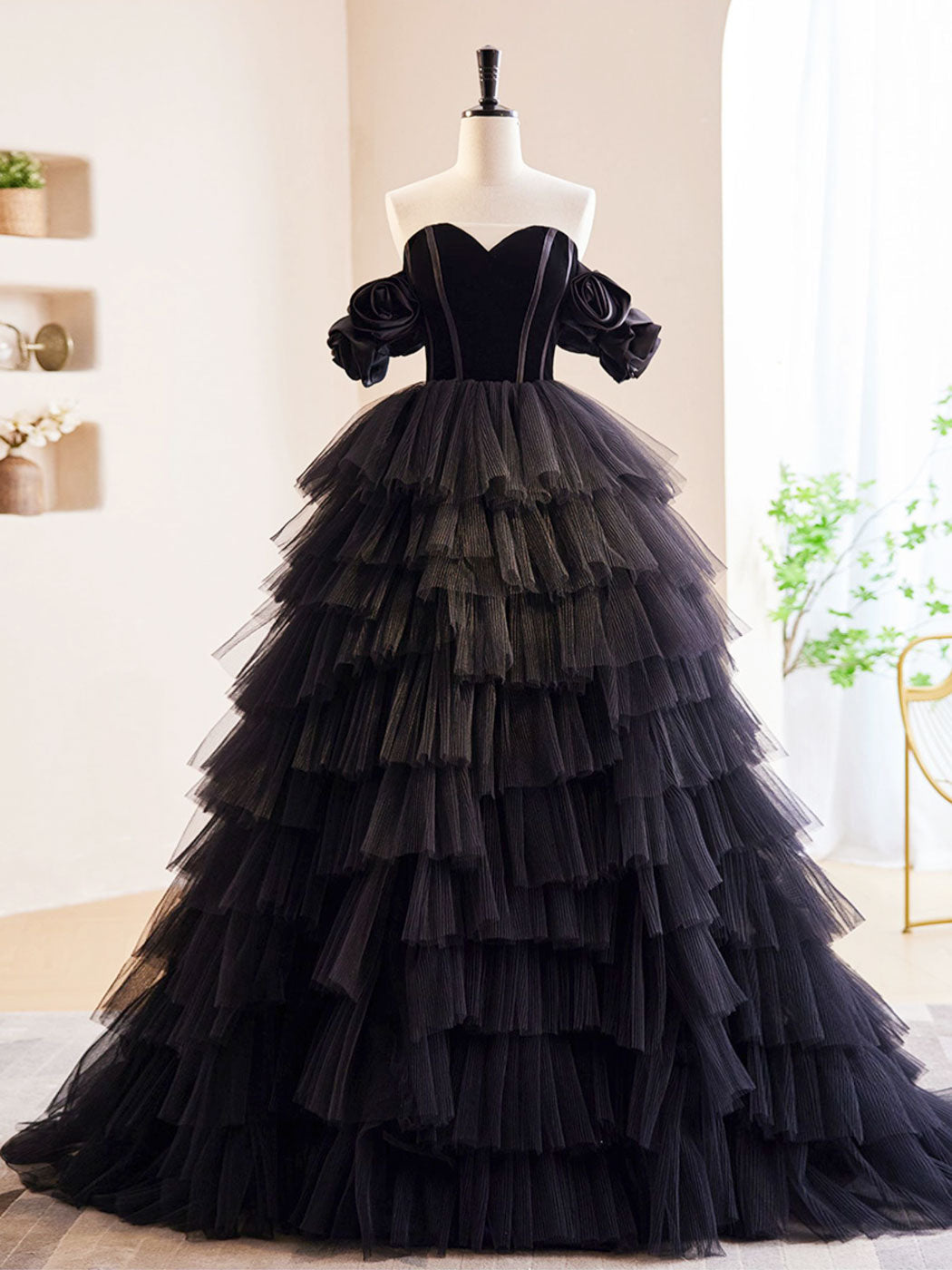 Black Off Shoulder Tulle Long Prom Dress, Black Formal Evening Dress