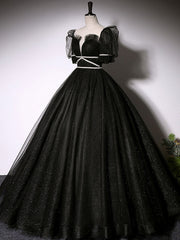 Black Scoop Neckline Long Prom Dress, Shiny Tulle Black Evening Dress