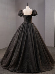 Black Square Neckline Tulle Long Prom Dresses, Shiny Tulle Black Evening Dress