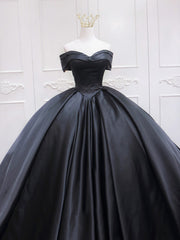 Black Sweetheart Neck Satin Long Prom Gown, Black Sweet 16 Dress