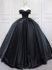 Black Sweetheart Neck Satin Long Prom Gown, Black Sweet 16 Dress