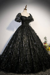 Black Tulle Sequins Long Prom Dress, A-Line Short Sleeve Formal Evening Gown