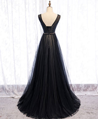 Black V Neck Tulle Lace Long Prom Dress Black Evening Dress