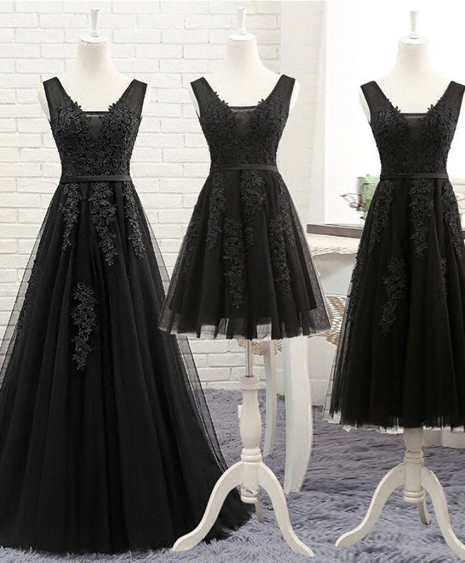 Black V Neck Tulle Lace Prom Dress, Lace Evening Dress