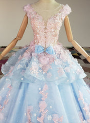 Blue and Pink Ball Gown Tulle with Flowers Sweet 16 Dress, Blue Formal Dress