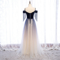 Blue Gradient Tulle Long Party Dresses,A-line Off Shoulder Formal Dresses