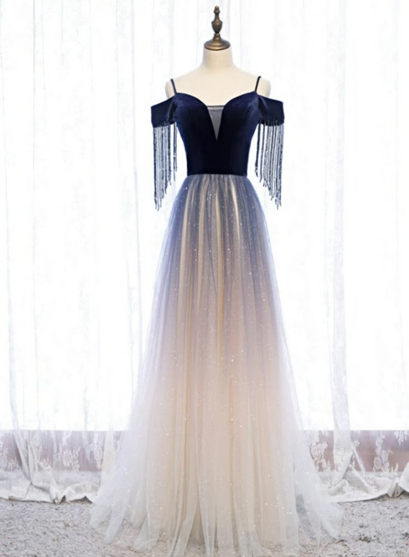 Blue Gradient Tulle Long Party Dresses,A-line Off Shoulder Formal Dresses