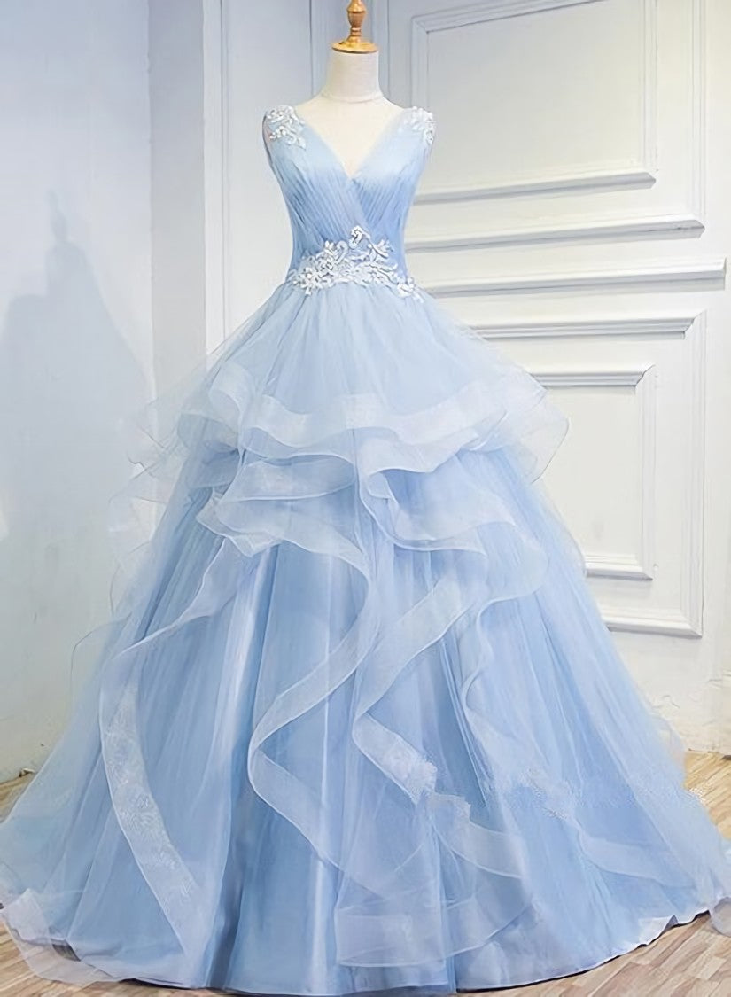 Blue Prom Dresses V-neck Ball Gown Sweep Train Party Dress, Sweet 16 Gown