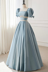 Blue Satin Beaded Long Prom Dress, Blue Short Sleeve Evening Dress