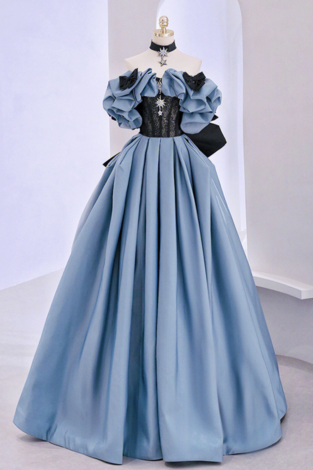 Blue Satin Lace Long Prom Dress, Off Shoulder Evening Party Dress