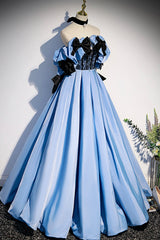 Blue Satin Long Prom Dress, Off the Shoulder Formal Evening Dress