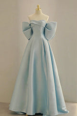 Blue Satin Long Prom Dress with Big Bow, Blue A-Line Evening Party Dress