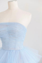 Blue Strapless Tulle Layers Long Prom Dress, A-Line Evening Dress