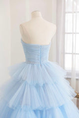 Blue Strapless Tulle Layers Long Prom Dress, A-Line Evening Dress