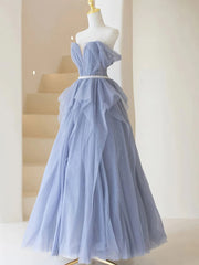 Blue Sweetheart Tulle Off-the-Shoulder Floor-Length Prom Dresses, Blue Evening Gown