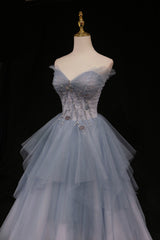 Blue Tulle A-Line Strapless Long Prom Dress, Blue Evening Party Dress