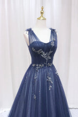 Blue Tulle Beaded Long Prom Dress, Blue A-Line Evening Party Dress