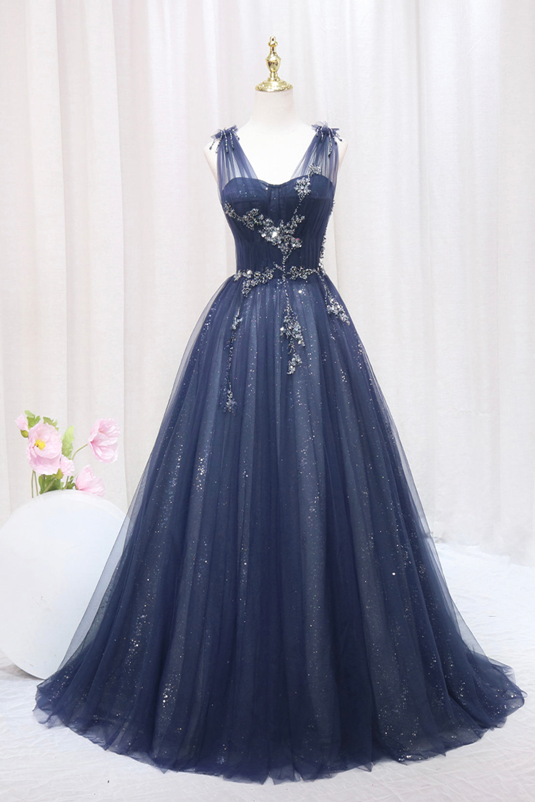 Blue Tulle Beaded Long Prom Dress, Blue A-Line Evening Party Dress