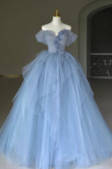 Blue Tulle Floor Length Prom Dress, Off the Shoulder Evening Dress with 3D Flowers