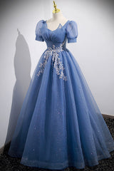 Blue Tulle Lace Floor Length Prom Dress, Blue Short Sleeve Evening Dress