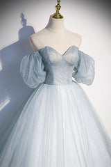 Blue Tulle Long A-Line Ball Gown, Off the Shoulder Formal Evening Dress