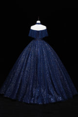 Blue Tulle Long Prom Dress with Sequins, A-Line Blue Formal Dress