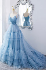 Blue V-Neck Tulle Long Prom Dress, A-Line Evening Party Dress