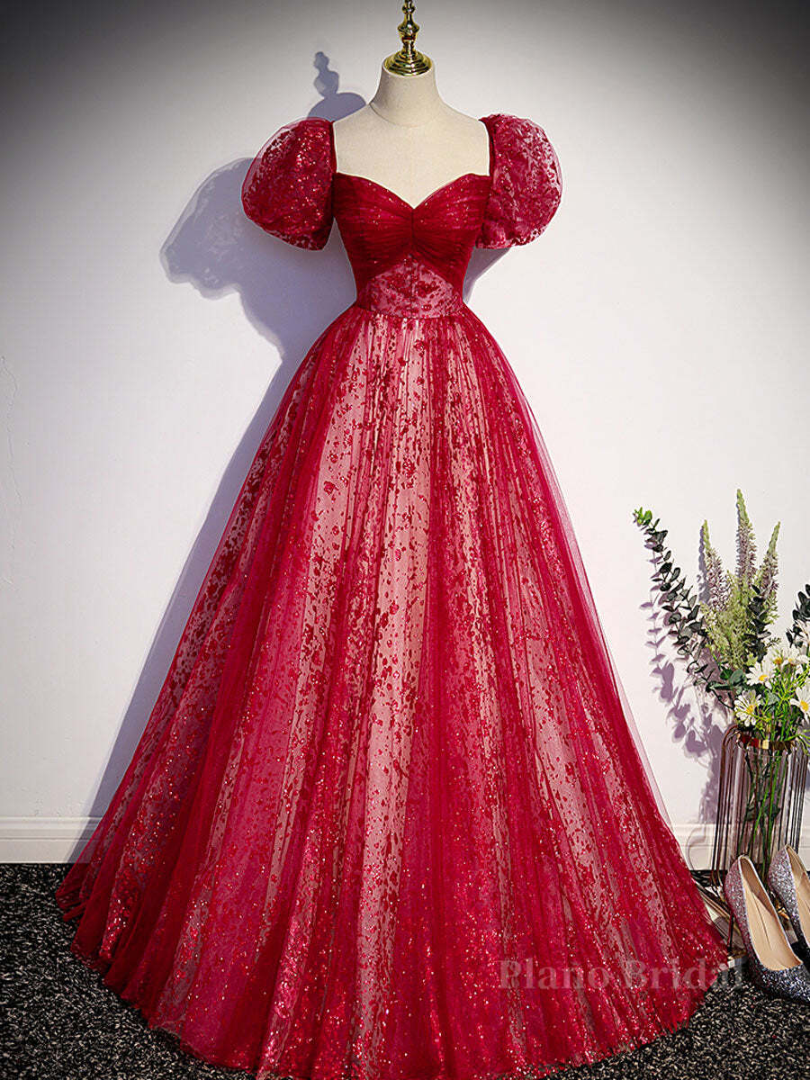 Burgundy A line tulle long prom dress burgundy evening dress