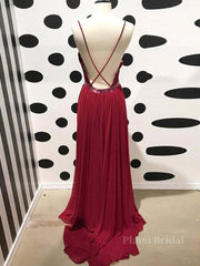 Burgundy A Line V Neck Backless Lace Tulle Long Prom Dresses, Burgundy Lace Formal Dresses, Burgundy Evening Dresses