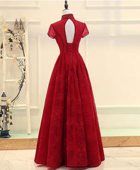 Burgundy High Low Lace Long Prom Dress, Burgundy Evening Dress