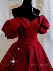 Burgundy off shoulder satin long prom dress, burgundy evening dress