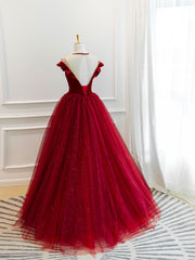 Burgundy Round Neck Tulle Lace Long Prom Dress, Burgundy Evening Dress