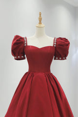 Burgundy Satin Long Prom Dress, A-Line Short Sleeve Evening Dress