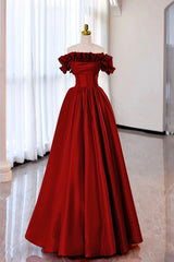 Burgundy Strapless Satin Long Prom Dress, A-Line Evening Party Dress