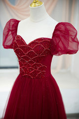 Burgundy Tulle Beaded Long Prom Dress, A-Line Short Sleeve Evening Dress