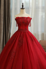 Burgundy Tulle Lace Long Prom Dress, Burgundy A-Line Evening Gown