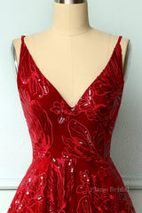 Burgundy v neck lace high low prom dress lace formal dress