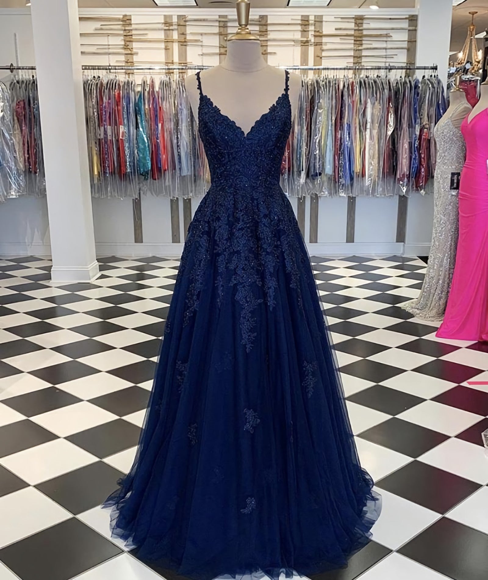 Blue V Neck Tulle Lace Long Prom Dress, Evening Dress