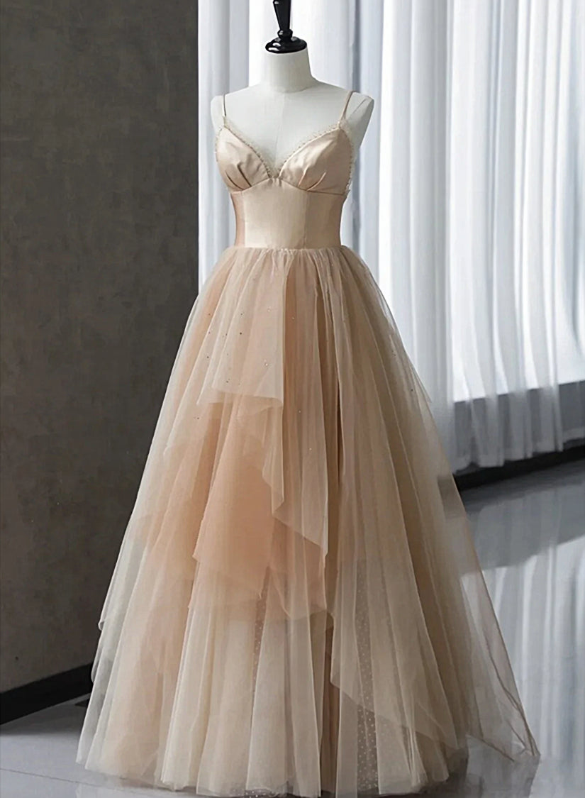 Champagne Tulle Gradient Tulle Straps Long Evening Dress, Charming Formal Gown