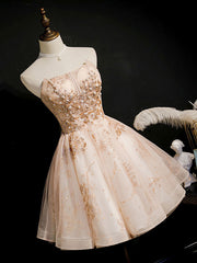 Champagne Tulle Lace Short Prom Dress, Puffy Champagne Homecoming Dress