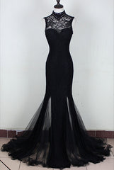 Charming Black Mermaid Backless Long Evening Dress, High Neckline Prom Dress