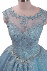 Charming Blue Tulle Long Ball Gown Sweet 16 Dress with Lace, Formal Gown