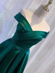 Charming Dark Green Satin Long Junior Prom Dress, Off Shoulder Evening Gown