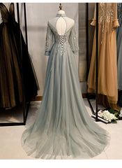 Charming Tulle Long Sleeves Beaded and Lace Long Party Dress, A-line Tulle Formal Gown