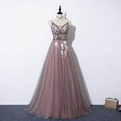 Charming V-neckline Flowers Dark Pink Prom Gown, Long Formal Dress