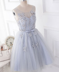 Cute Gray Round Neck  Lace Tulle Short Prom Dress, Homecoming Dress