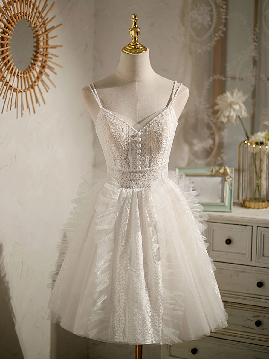 Cute Light Champagne Lace Tulle Short Prom Dress, Puffy Homecoming Dress